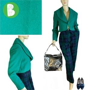 VINTAGE 1990'S KELLY GREEN WOOL & CASHMERE BLEND HARVE BENARD CROPPED BLAZER